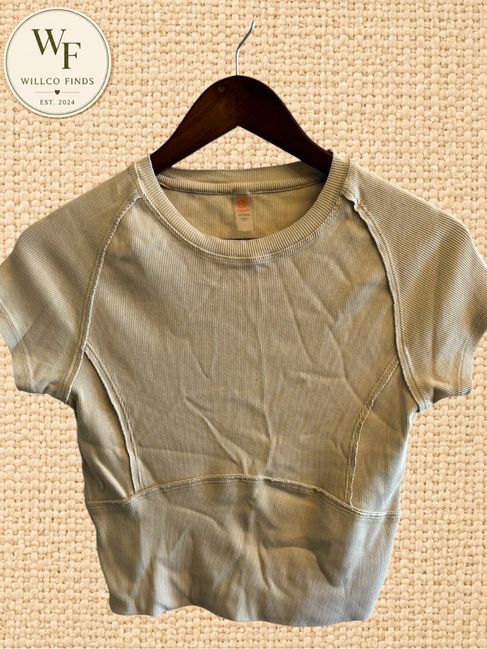 Mono B Ribbed Cropped Short Sleeve Top Small Beige Taupe Athleisure
